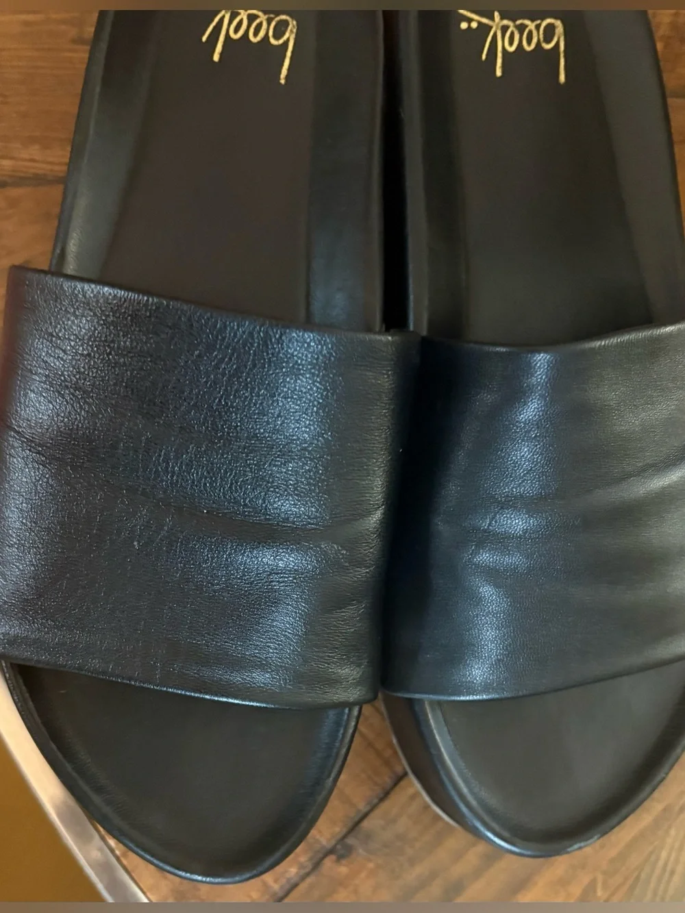Beek Albatross Black Leather Platform Slides 9